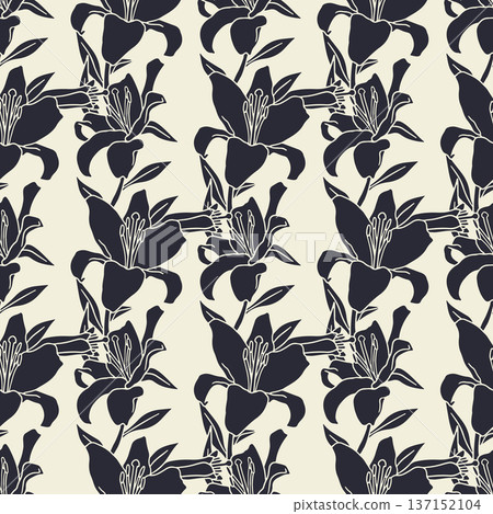Hand drawn black and white silhouette lily flowers vintage seamless pattern. Boho floral monochrome repeat wallpaper 137152104