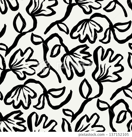 Seamless monochrome pattern featuring hand drawn abstract flowers. Artistic brush strokes floral design in modern minimalist style 137152105