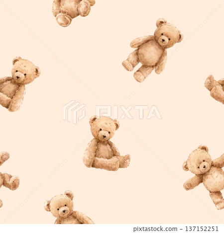 Seamless Vintage Watercolor Teddy Bear Pattern on Beige Background, cute retro nursery design with hand painted plush toys for baby textile, wallpaper and fabric print Seamless Vintage Watercolor Teddy Bear Pattern on Beige Background, cute retro nursery design with hand painted plush toys for baby textile, wallpaper and fabric print 137152251