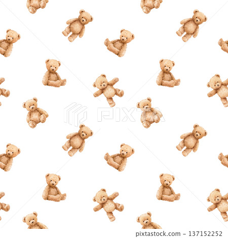 Seamless Vintage Watercolor Teddy Bear Pattern, cute retro nursery design with hand painted plush toys on light background for baby textile, wallpaper and fabric print Seamless Vintage Watercolor Teddy Bear Pattern, cute retro nursery design with hand painted plush toys on light background for baby textile, wallpaper and fabric print 137152252