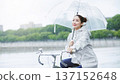 A young Japanese woman refreshingly goes out on her bicycle even on a rainy day 137152648