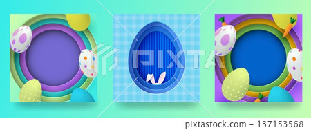 A set of Easter card, banner, and flyer templates. Easter Egg Hunt. Colorful Easter eggs. Paper-cut style background for holiday flyers. 137153568
