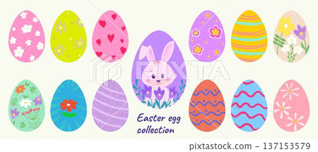 A set of Easter eggs for decorating cards, website banners, posters, flyers, and covers. A trendy, modern design featuring cute bunnies, hand-drawn flowers, and patterns. Textured background. Vector A set of Easter eggs for decorating cards, website banners, posters, flyers, and covers. A trendy, modern design featuring cute bunnies, hand-drawn flowers, and patterns. Textured background. Vector 137153579