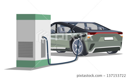 Separate layer of Electric vehicles sedan car green color. Charging station comes with a cable and charging head that connects to the rear of the car. Show inside car. On isolated white background. Separate layer of Electric vehicles sedan car green color. Charging station comes with a cable and charging head that connects to the rear of the car. Show inside car. On isolated white background. 137153722