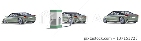Separate layer group of three forms of sedan car. One for damage. Two electric cars. And three normal luxury car. On isolated white background. Separate layer group of three forms of sedan car. One for damage. Two electric cars. And three normal luxury car. On isolated white background. 137153723