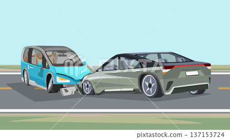 Separate layer of blue hadback car and green sedan car. Collision on the asphalt road resulted in severe damage to the front of the vehicles. For use in obtaining accident insurance or incidents. 137153724