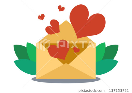 Open envelope with red hearts and green leaves, greeting card for Valentine's Day or wedding invitation concept. Open envelope with red hearts and green leaves, greeting card for Valentine's Day or wedding invitation concept. 137153731