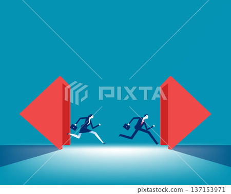Direction. Business team jumping out from inside the arrow symbol Direction. Business team jumping out from inside the arrow symbol 137153971