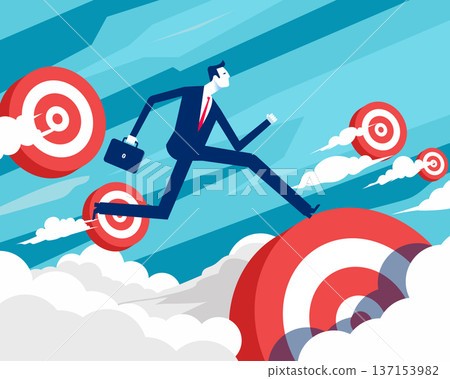 Success target. Businessman running towards goal step by step Success target. Businessman running towards goal step by step 137153982