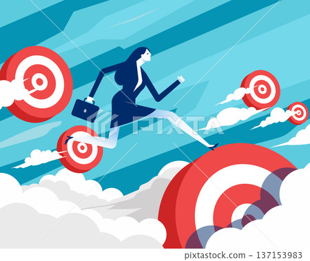 Success target. Businesswoman running towards goal step by step Success target. Businesswoman running towards goal step by step 137153983