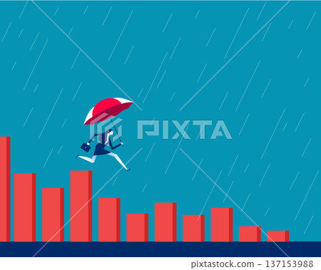 Financial insurance. Businesswoman with umbrella falling from the heights of the bar chart to the lows Financial insurance. Businesswoman with umbrella falling from the heights of the bar chart to the lows 137153988