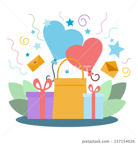 Festive gift boxes with heart shaped balloons, confetti, stars and envelopes for celebration and holiday greetings Festive gift boxes with heart shaped balloons, confetti, stars and envelopes for celebration and holiday greetings 137154026