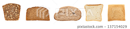 A horizontal collection of five different bread slices 137154029
