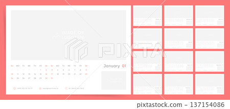 2027 Calendar template design with photo placeholder. Calendar planner desk layout in simple clean style, corporate or business calendar with space for image or logo and monthly grids. 137154086