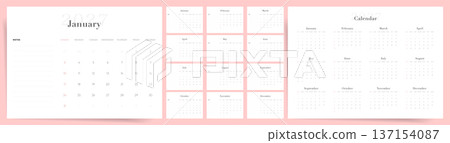 2027 Calendar with minimalist design and notes section. Calendar template in pastel pink tones, simple modern planner with clean monthly layout and yearly overview. 2027 Calendar with minimalist design and notes section. Calendar template in pastel pink tones, simple modern planner with clean monthly layout and yearly overview. 137154087