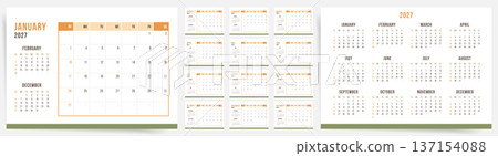 2027 Calendar template with retro green and orange design. Calendar planner with monthly grid, annual overview and mini calendars, modern corporate desk calendar in simple style. 2027 Calendar template with retro green and orange design. Calendar planner with monthly grid, annual overview and mini calendars, modern corporate desk calendar in simple style. 137154088
