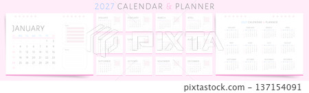 2027 Calendar and planner template in pastel pink with tasks and notes. Calendar design features soft minimal layout, monthly schedule, task list, notes section and yearly overview. 137154091
