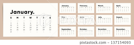 2027 Calendar template with modern typographic design. Calendar features months written with period punctuation, simple minimal layout on beige background and clean schedule planner style. 2027 Calendar template with modern typographic design. Calendar features months written with period punctuation, simple minimal layout on beige background and clean schedule planner style. 137154093