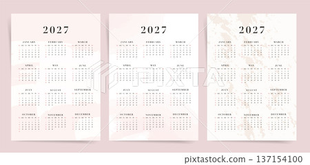 One Page Calendar 2027 with watercolor backgrounds. Calendar templates in pastel tones featuring abstract brush textures, minimal annual design for wall or desk use. One Page Calendar 2027 with watercolor backgrounds. Calendar templates in pastel tones featuring abstract brush textures, minimal annual design for wall or desk use. 137154100