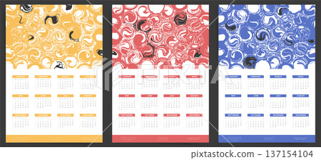 Abstract art Calendar 2027 posters. Calendar templates with vibrant swirl patterns in yellow, coral and blue, annual layouts for wall decor and desk display. 137154104