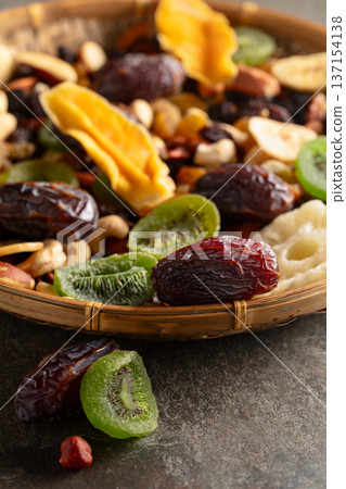 Dried tropical fruits with various nuts and raisins. Dried tropical fruits with various nuts and raisins. 137154138