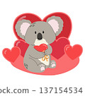 Cute cartoon koala bear is hugging a red heart shape.  137154534