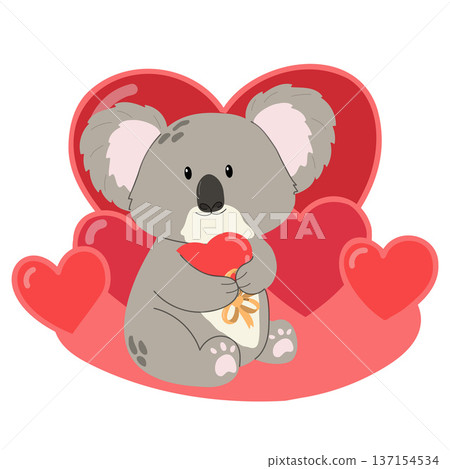 Cute cartoon koala bear is hugging a red heart shape.  137154534