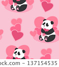 Cute baby panda holding heart seamless pattern. Cute panda bear valentine pink background. 137154535