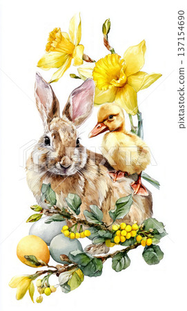 A bunny and a duckling are having fun in a spring garden. They look at bright daffodils, green grass, and colorful Easter eggs scattered around them 137154690