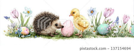 A tiny hedgehog and a chick exchange colorful Easter gifts in a setting full of flowers and eggs. They share a moment of friendship in a bright and cheerful space, banner 137154694