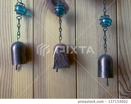 brass bells on wooden background 137154802