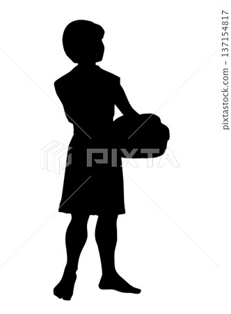 Vector drawing. The boy offers 5 loaves of bread and 2 fish Vector drawing. The boy offers 5 loaves of bread and 2 fish 137154817