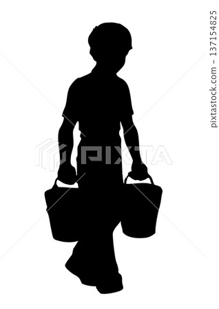 Vector drawing. A boy carries buckets Vector drawing. A boy carries buckets 137154825