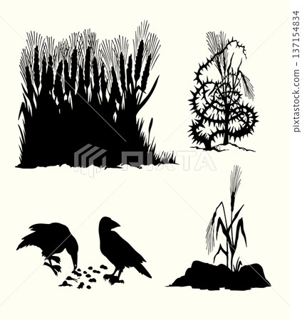 Vector drawing. Old wheat field. Biblical parable Vector drawing. Old wheat field. Biblical parable 137154834