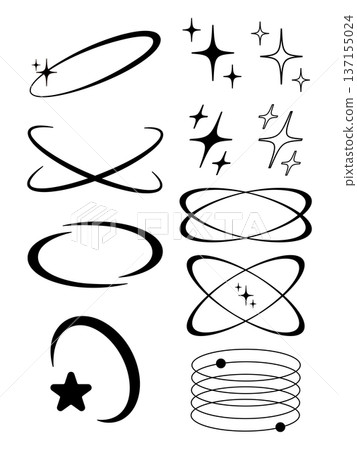 Y2K style monochrome icon set of stars and orbits Retro-futuristic vector decorative elements 137155024