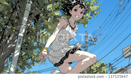 一位年輕女子輕快地跳躍著，快樂輕鬆 137155647