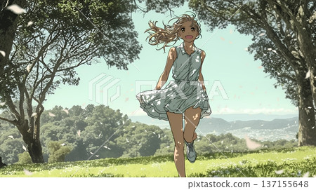 一位年輕女子輕快地跳躍著，快樂輕鬆 137155648