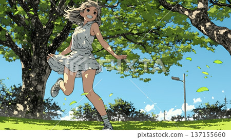 一位年輕女子輕快地跳躍著，快樂輕鬆 137155660