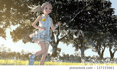 一位年輕女子輕快地跳躍著，快樂輕鬆 137155661