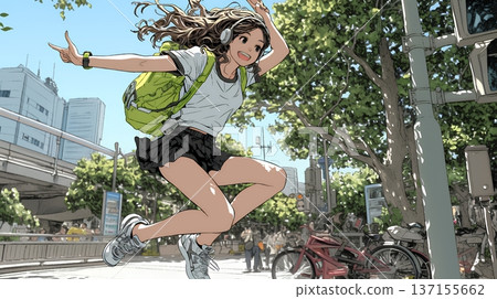 一位年輕女子輕快地跳躍著，快樂輕鬆 137155662