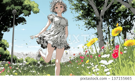 一位年輕女子輕快地跳躍著，快樂輕鬆 137155665