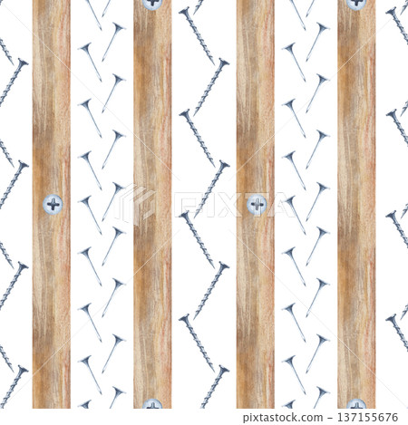 Vertical seamless pattern of wooden slats, nails and screws on an insulated background. Watercolor illustration with working tools for home renovation. Background for packaging, printing, repair shops Vertical seamless pattern of wooden slats, nails and screws on an insulated background. Watercolor illustration with working tools for home renovation. Background for packaging, printing, repair shops 137155676