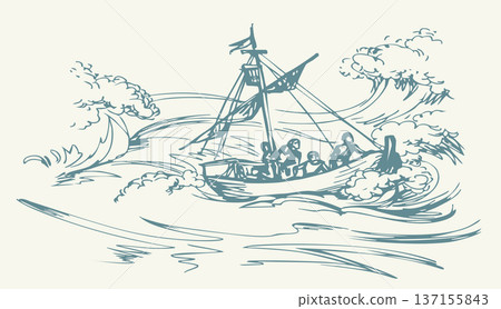 Vector drawing. Sailors on a ship in a storm Vector drawing. Sailors on a ship in a storm 137155843