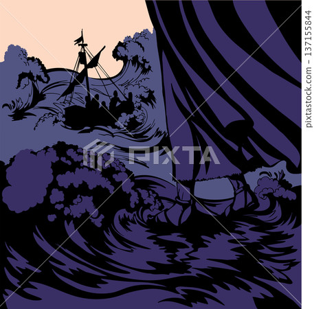 Vector drawing. Jesus walking on waves in a storm 137155844