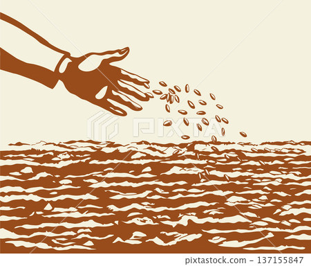 Vector drawing. Man sowing seeds 137155847