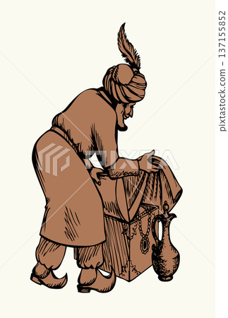 Vector drawing. Man sells a fabric on ancient market Vector drawing. Man sells a fabric on ancient market 137155852