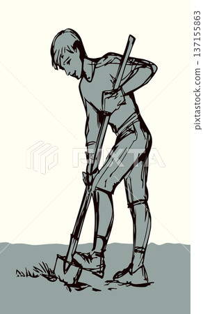 Vector drawing. A gardener dig a soil Vector drawing. A gardener dig a soil 137155863