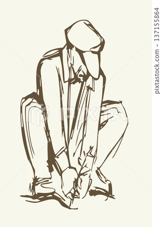 Vector drawing. A gardener weeding a garden Vector drawing. A gardener weeding a garden 137155864