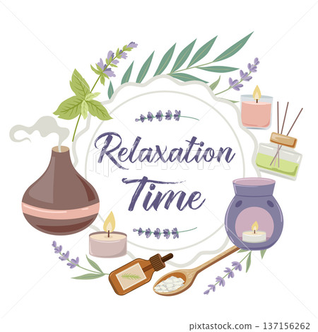Aromatherapy round banner with herbs, spa and relax items. 137156262