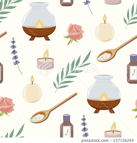 Aromatherapy seamless pattern with candles and herbs Aromatherapy seamless pattern with candles and herbs 137156264